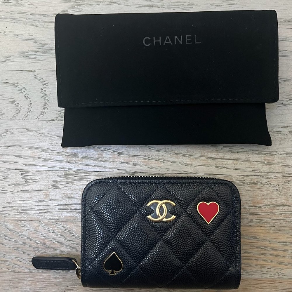 CHANEL 23C Black Caviar Red Enamel Heart Leather Zip Card Holder Wallet
